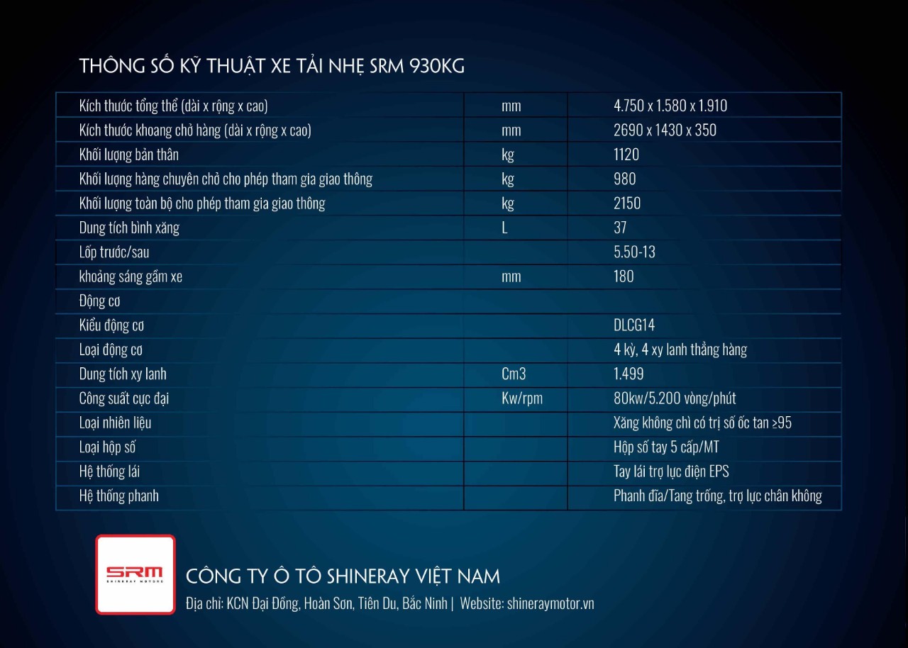 thông số kĩ thuật xe SRM 930kg